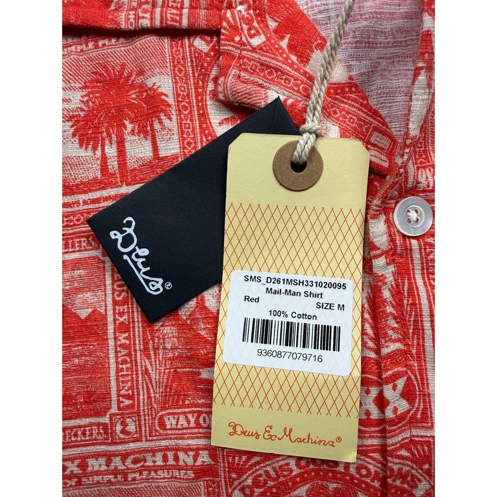 NWT Deus Ex Machina Men M Mail-Man Shirt Red Stamp Palm Print Cotton Button Up - Picture 4 of 14